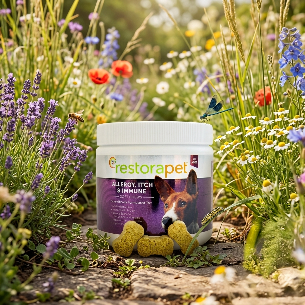 Image of RestoraPet Allergy chew in a grassy floral field.