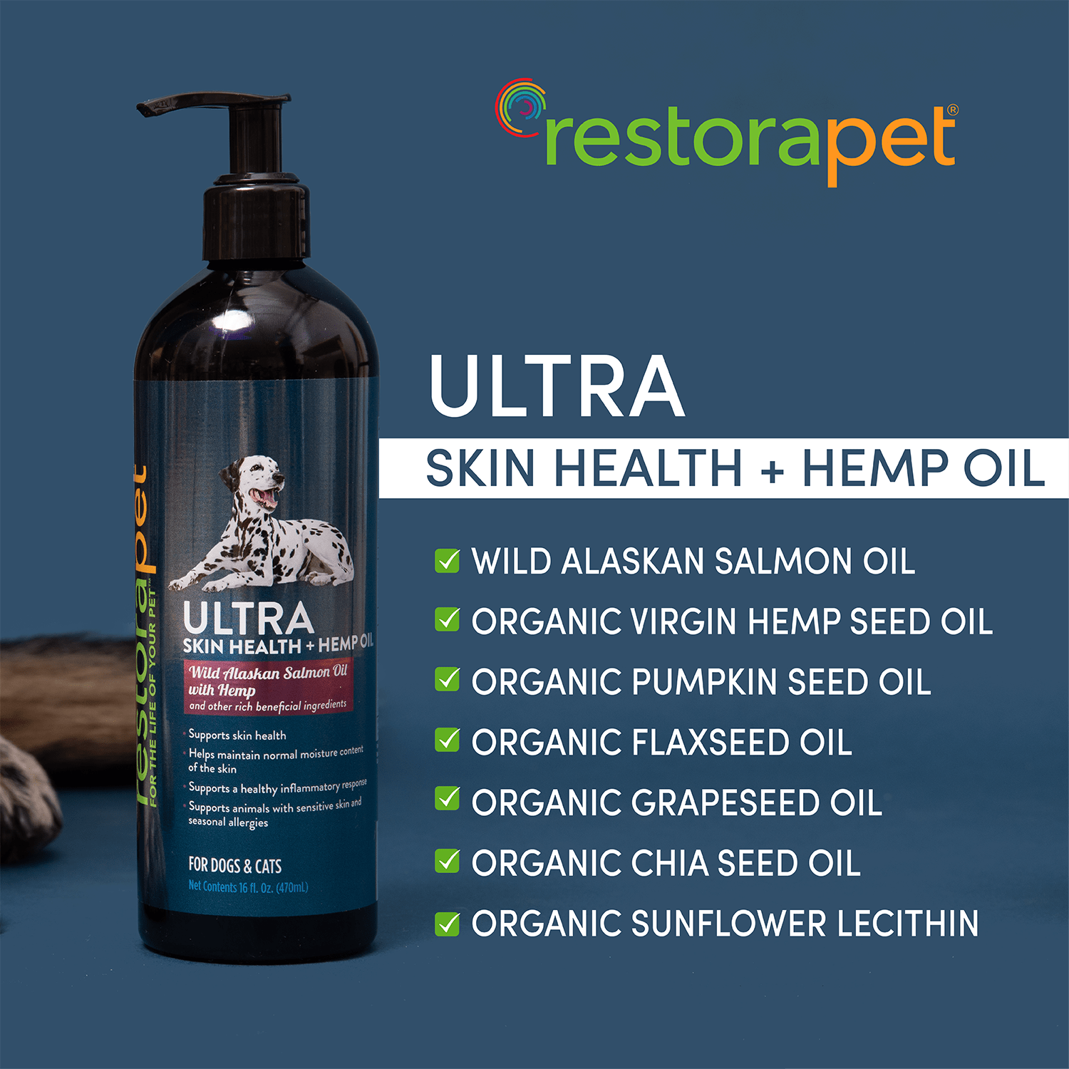 RestoraPet Ultra Skin Health Oil with Wild Alaskan Salmon Oil + Six Organic Plant Oils